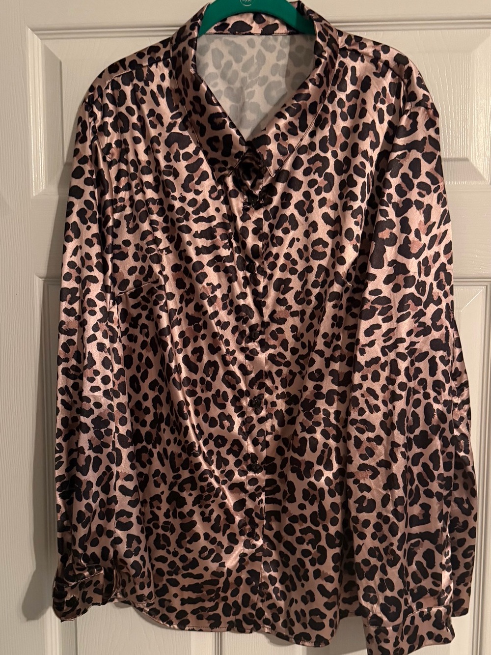 SHEIN Pink and Black Leopard Satin Button-Down Shirt